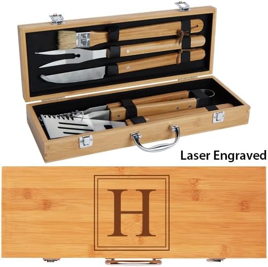 Personalized Custom BBQ Grill Set, Gift for Dad Husband - Engraved 10 pc Set with Grilling Tools