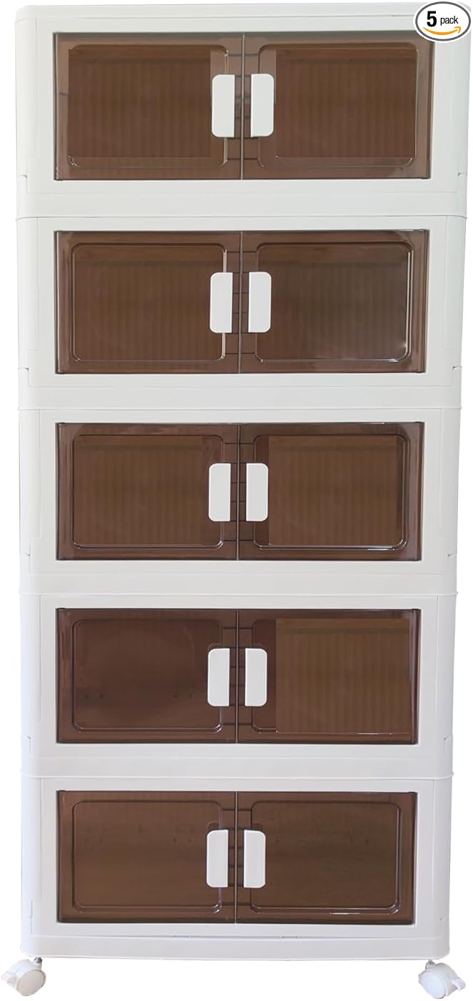 80 Gals Storage Bins with Lids - Folding Storage Box with Doors and Wheels, Collapsible Plastic Bins for Closets, Stackable Storage Organizer, (Extra Large-5Tiers)