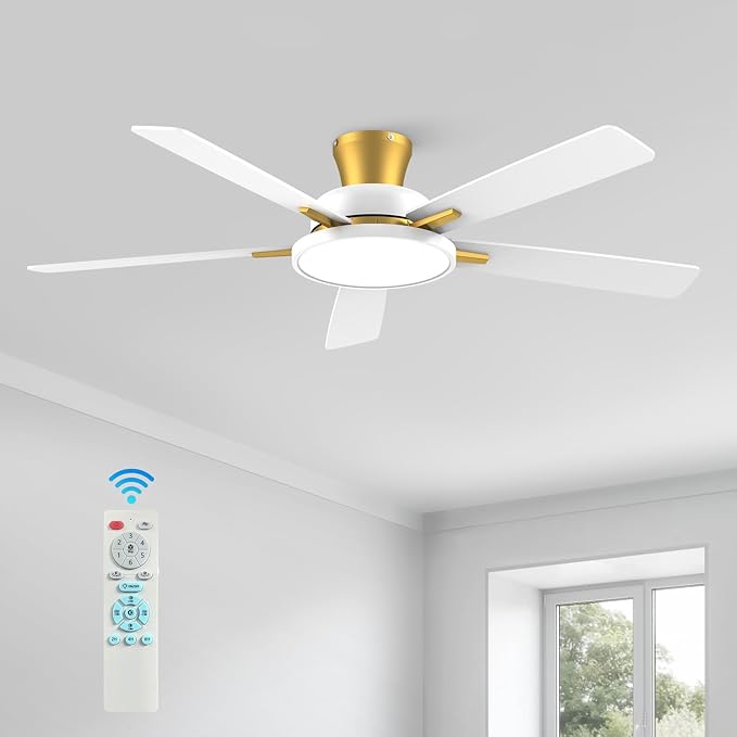 TALOYA 52 inch Ceiling Fans with Lights and Remote,Ultra Silent low profile Ceiling Fan with Three Color Temperature and Dimmable Light with Reversible Blades White Gold
