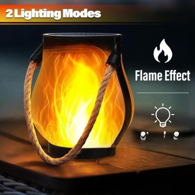 Solar Lantern Outdoor lamp - Waterproof Type Solar Flame lamp Can be Hung and Features Dancing Flames. Hemp Rope Suspended Flame Lantern, Dual Charging Mode, Smoke-Free (4PC)