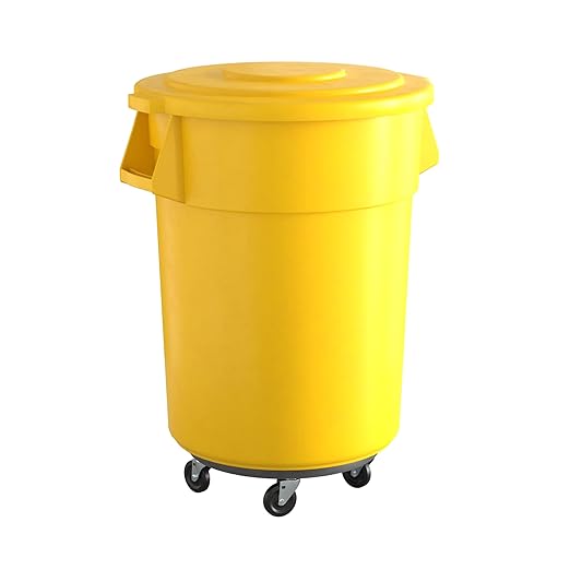 55 Gallon Yellow Round Commercial Trash Can with Lid and Dolly