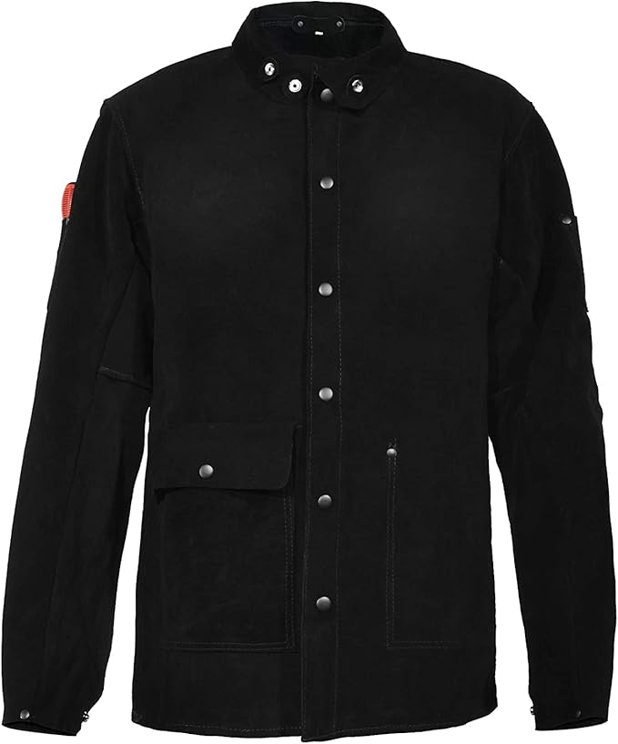 Black Leather Welding Jacket, Heavy Duty FR Split Cowhide Leather Work Safety Jackets, Welder Jackets for Men & Women