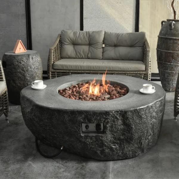 Elementi | Boulder Gas Fire Pit Cast Concrete Semi-Round Fire Table, Outdoor Fire Pit Electronic Ignition | Canvas Cover, Lava Rock Included | Natural Gas