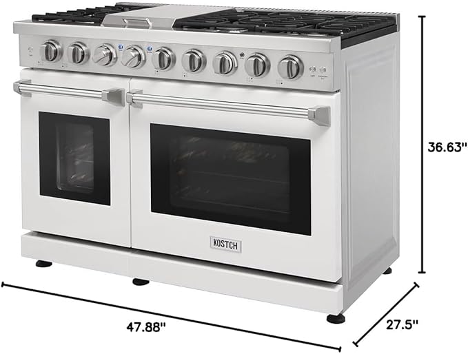 48-inch Pro-Style Natural Gas Range or Liquid Propane Gas Range with 6 Burners & 1 Griddle Cooktop, Double 4.6 cu. ft. and 2.2 cu. ft. Oven, in Stainless Steel - KOS-48RG03M (White-01)