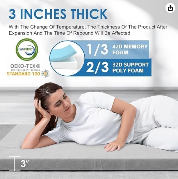 Kingfun Memory Foam Camping Sleeping Pad, CertiPUR-US Camping Mattress Waterproof Roll Up Mattress Guest Bed, Thick Floor Sleeping Mat for Car for Adults with Travel Bag