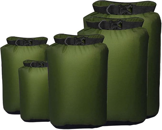 Pimoys 5 Pack Waterproof Dry Sacks, Lightweight Outdoor Dry Bags 20L /12L / 10L/ 6L/ 3.5L Ultimate Dry Bags for Kayaking Camping Rafting Boating (Army Green)