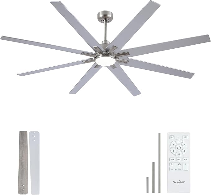 72 inch Large Ceiling Fans with Lights and Remote, Indoor/Outdoor Brushed Nickel Ceiling Fan for Living Room Patio, 6 Speeds Slient Reversible DC Motor, 3CCT, Timer, 3 Downrods, 8 Blades