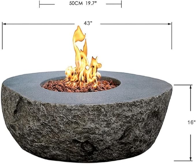 Elementi | Boulder Gas Fire Pit Cast Concrete Semi-Round Fire Table, Outdoor Fire Pit Electronic Ignition | Canvas Cover, Lava Rock Included | Natural Gas
