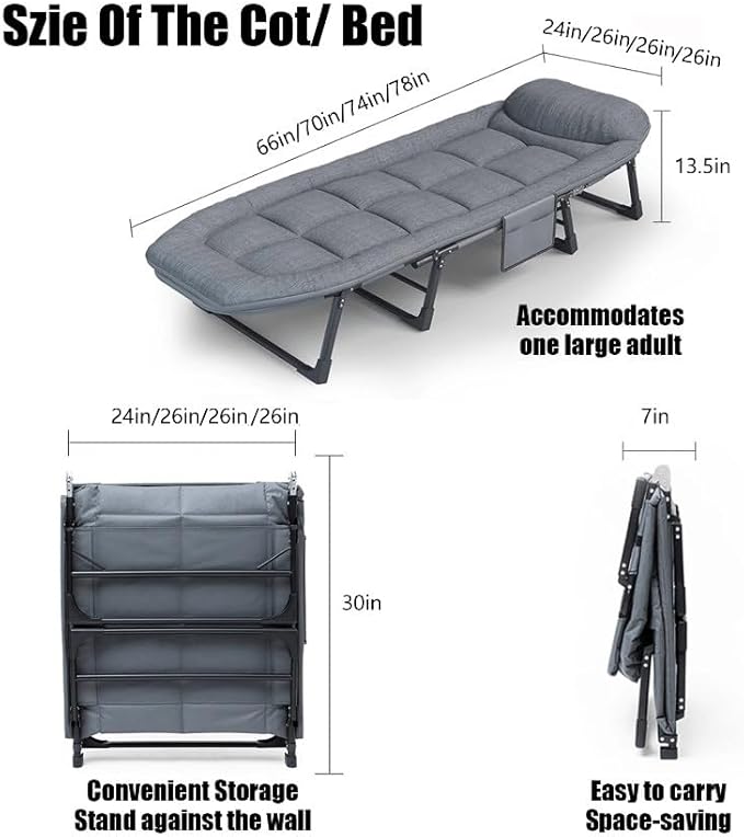 Camping Cot Recliner Portable Folding Bed with Pillow Adjustable Backrest Heavy Duty Frame for Sleeping Travel Office Indoor Outdoor Use (Small(66in))