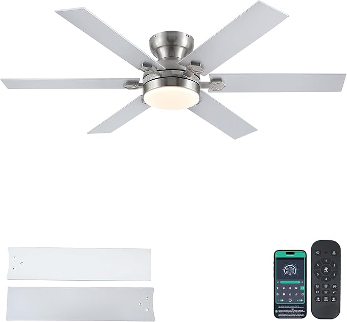52" Low Profile Ceiling Fans with Lights and Remote, Modern Indoor Ceiling Fans with 3 Colors 6 Speeds, Flush Mount Fan Light Indoor & Outdoor, Reversible DC Motor,Sand Nickel