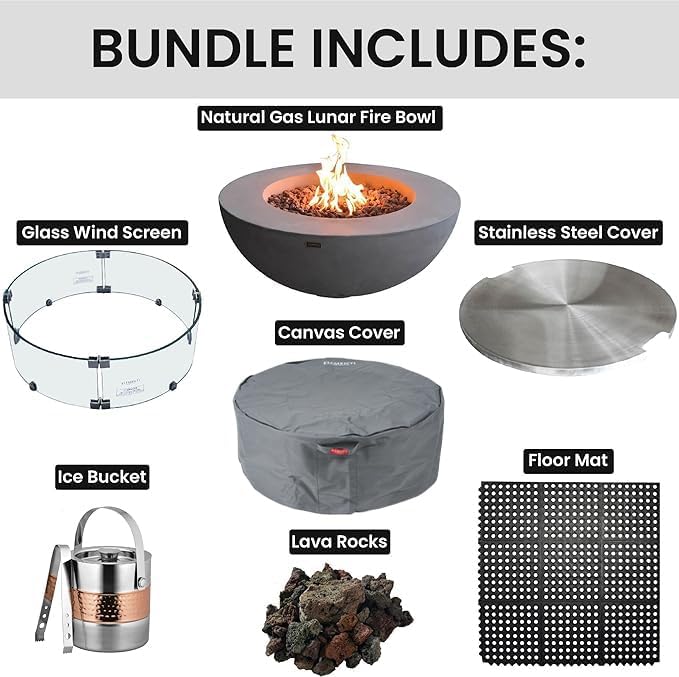 Elementi Lunar Bowl Fire Pit Bundle Outdoor Firepit Set Includes 42” Natural Gas Concrete Firepit, Glass Windscreen, Stainless Steel Cover, Canvas Cover, Floor Mat, Ice Bucket