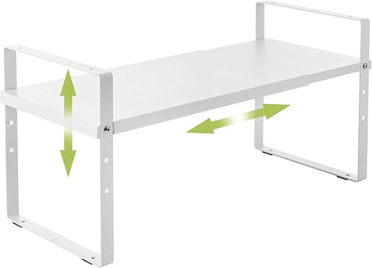 Expandable Cabinet Shelf Organizer Rack, Stackable Kitchen Counter Storage Shelves Stand, Adjustable Height Pantry Shelf Spice Rack (White, 1 Pack)