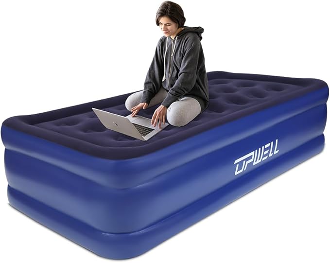 UPWELL Inflatable Air Mattress Twin with Built in Pump Comfort Blow up Bed Waterproof Fast&Easy Set up Dura Beam Strong Support Mattress for Home Guests & Camping Navy Blue