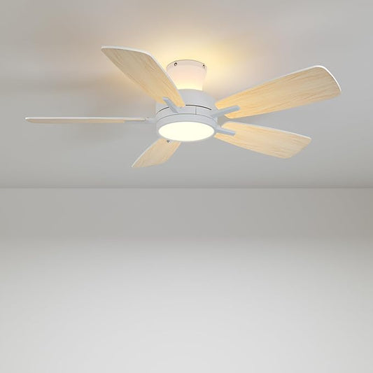 TALOYA Ceiling Fans with Lights and Remote, 46 Inch Low Profile Ceiling Fan with Light, Flush Mount, Reversible, 3CCT, Dimmable White Modern Ceiling Fan for Bedroom, Living Room, Outdoor Patio