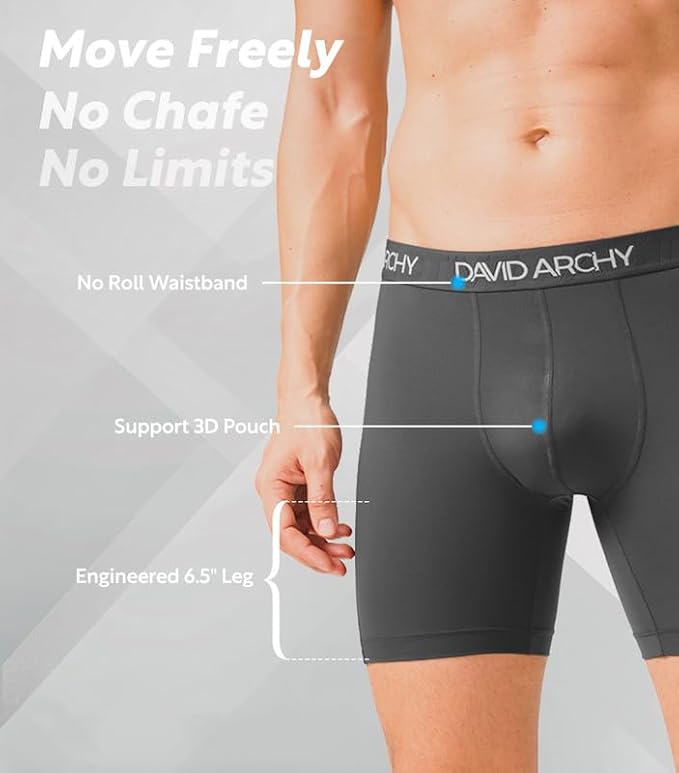DAVID ARCHY Mens Performance Boxer Briefs 3 Pack, 3D Support Pouch & No Ride-Up Design Moisture-Wicking Sport Underwear