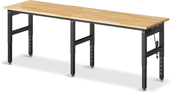96”Adjustable Work Bench, 5000 LBS Capacity Heavy Duty Workbench with Power Outlet & Pegboard, Rubber Wood Work Table for Garage, Workshop, Office, Home