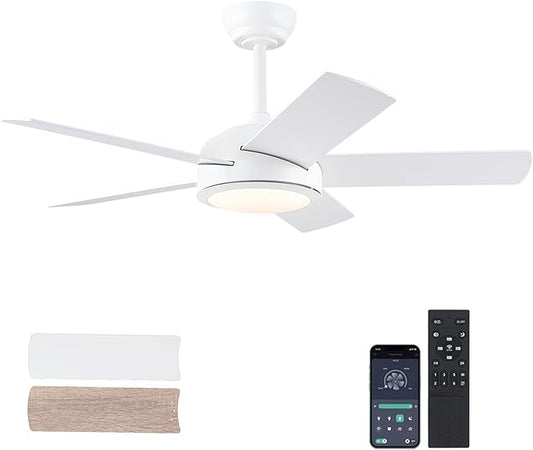Ceiling Fans with Lights - 42" Low Profile Ceiling Fan Lights with 5 Blades, White Modern Ceiling Fan with Lights and Remote/APP, Dimming, 3CCT, Fan Light Fixture for Indoor Covered Outdoor