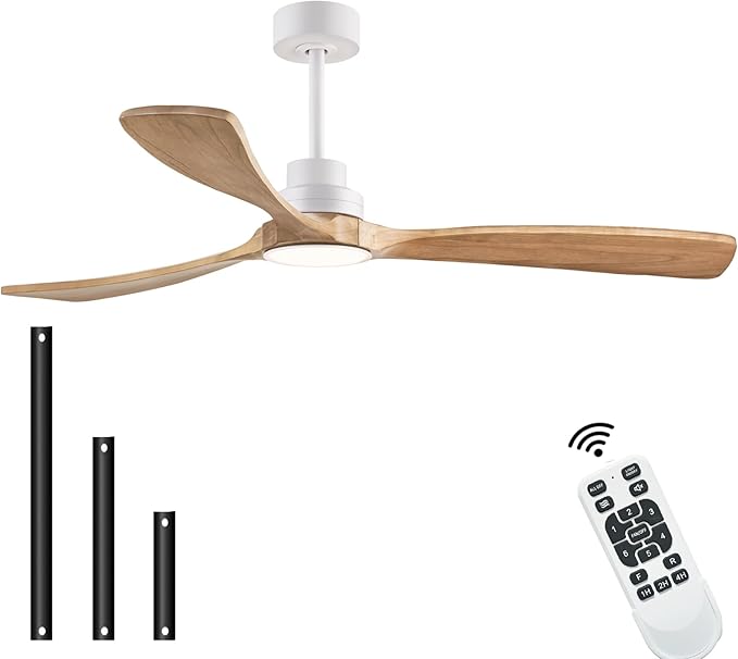 60" Ceiling Fans with Light with Remote Control, Indoor Outdoor Wood Ceiling Fan with 3 Wood Blades for Living Room, Hallway, Office, Farmhouse, etc. (White + Wood Color)