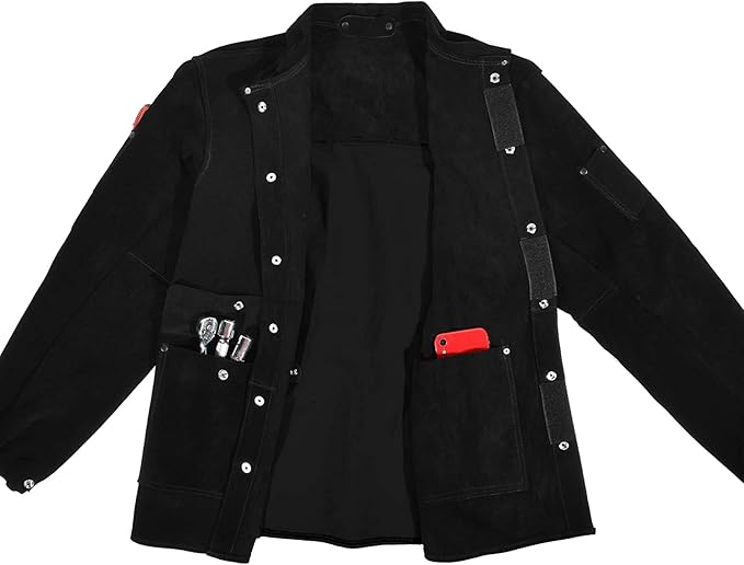 Black Leather Welding Jacket, Heavy Duty FR Split Cowhide Leather Work Safety Jackets, Welder Jackets for Men & Women