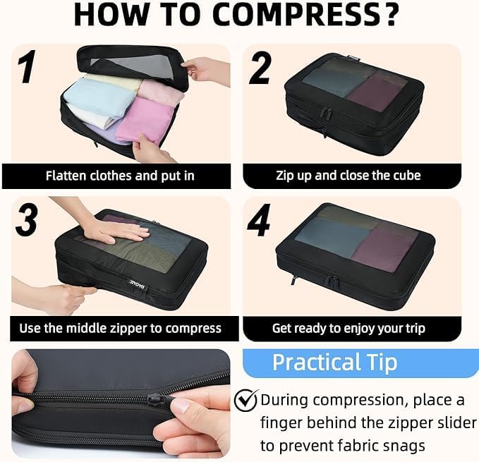 BAGAIL 4 Set/6 Set/8 Set Compression Packing Cubes Travel Accessories Expandable Packing Organizers (Square Mesh, 05-Black)