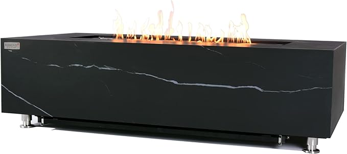 Elementi+ | Varna Gas Fire Pit | Marble Porcelain & Metal Frame | 60" Rectangular Fire Table | Electronic Ignition | Canvas Cover, Fire Glass & Burner Lid Included | Black | Propane Gas
