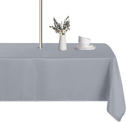 LUSHVIDA Rectangle Outdoor Tablecloth with Umbrella Hole and Zipper, 60x84 Inch Silver, Washable Waterproof Table Cloth Spill Proof Wrinkle Free Table Cover for Patio Spring Summer Picnic BBQS