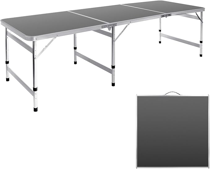 Camping Table 6FT Folding Table Large 3 Adjustable Height Portable Picnic Camp Aluminum Outdoor Table Picnic BBQ Black