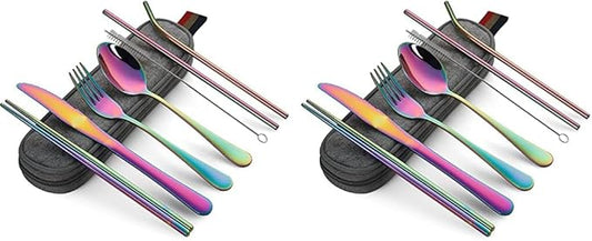 DEVICO Portable Utensils, Travel Camping Cutlery Set, 8-Piece including Knife Fork Spoon Chopsticks Cleaning Brush Straws Portable Case, Stainless Steel Flatware set (Rainbow) (Pack of 2)