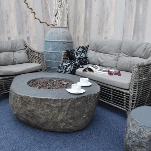 Elementi | Boulder Gas Fire Pit Cast Concrete Semi-Round Fire Table, Outdoor Fire Pit Electronic Ignition | Canvas Cover, Lava Rock Included | Natural Gas