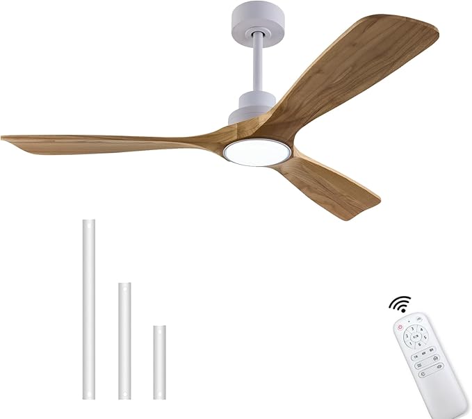 52" Wood Ceiling Fan with Lights Remote Control,Quiet DC Motor 3 Blade Ceiling Fans for Patio Living Room, Bedroom, Office,Indoor Outdoor(Raw wood+White)