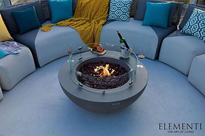 Elementi Lunar Bowl Cast Concrete Fire Table Bundle, Outdoor Fire Pit Fire Table Patio Furniture, Light Gray (Natural Gas)