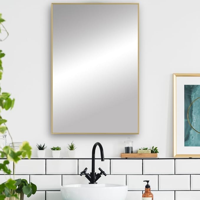 Frame My Mirror Gold Metal Framed Mirror, 32" x 54" Champagne Bronze Mirror for Bathroom, Metal Frame, True Reflections Glass, Stanton Design, Hangs Horizontally or Vertically, Made in USA