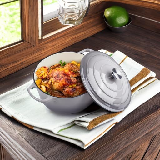 6 Quart Dutch Oven Enameled Cast Iron with Lid - Big Dual Handles - Oven Safe up to 500°F - Classic Round Pot for Versatile Cooking (Light Gray, 6 QT)