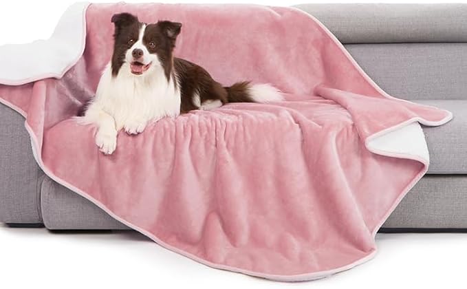 gogobunny Waterproof Bed Blanket, Reversible Sherpa Fleece Throw Blanket for Dog Puppy Cat, Furniture Cover Protects Bed Couch Sofa from Liquid Pee and Pet Fur (Pink, 90x90 inches)