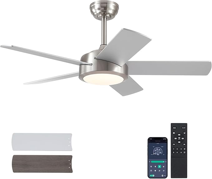 Ceiling Fan with Lights and Remote/APP - 42" Modern Low Profile Ceiling Fan with 5 Reversible Blades, 3CCT Dimmable, Ceiling Fans for Indoor/Covered Outdoor, Brushed Nickel