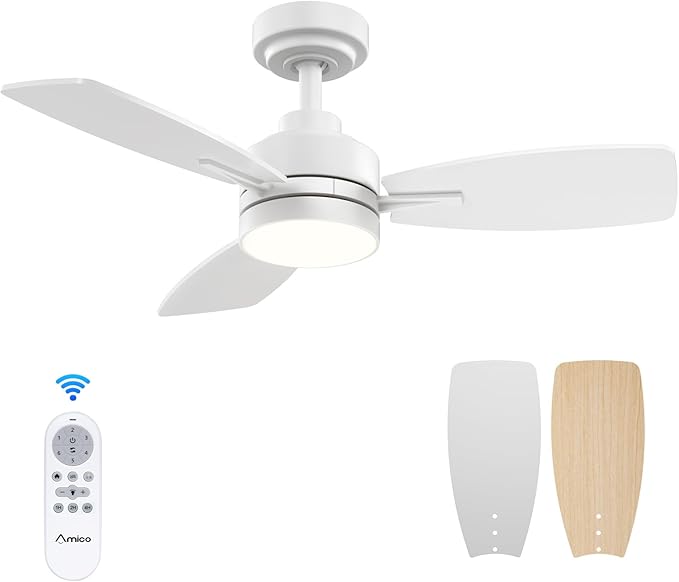 Amico Ceiling Fans with Lights, 36 inch Ceiling Fan with Light and Remote Control, Reversible, 3CCT, Dimmable, Noiseless, Small White Ceiling Fan for Bedroom, Indoor/Outdoor Use