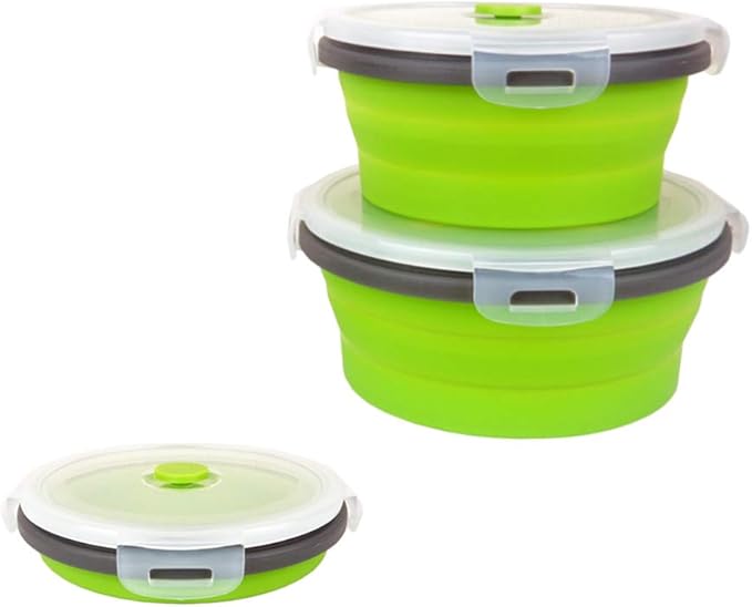 CARTINTS Green Silicone Collapsible Food Storage Containers-Prep/Storage Bowls with Lids - Round Silicone Food Storage Containers - Microwave and Freezer Safe 3Pack