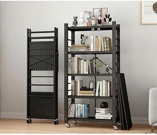4-Tire Storage Rack, Height Adjustable, 40 * 13 * 61in Foldable Metal Garage Storage Shelves Organizer, Portable Metal Kitchen Shelving, Closet Shelving Unit Bakers Rack (Black 5 Shelfs)
