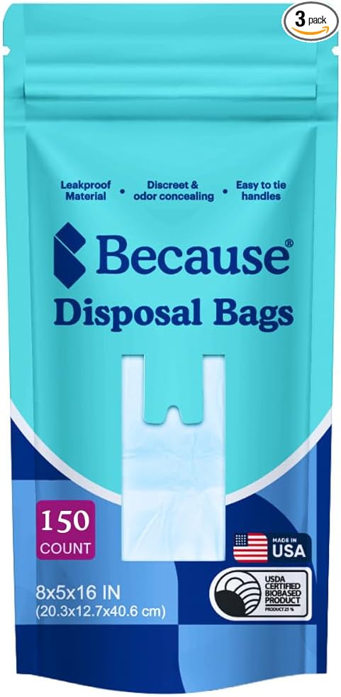 Because Incontinence Disposal Bags, Discreet, Tear Resistant Adult Disposal Bags for Men & Women, Extra-Large, Leak Protection, Odor Blocking, 150 Count (3 packs of 50)