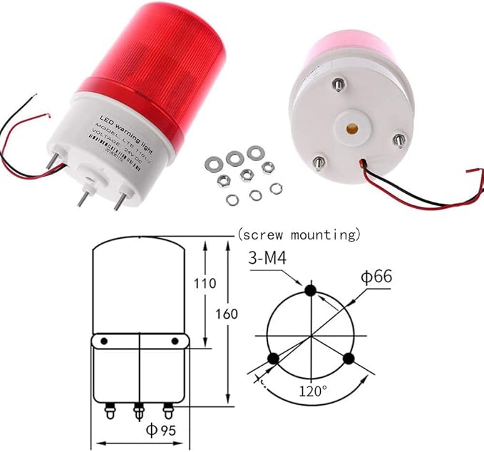 Industrial LED Rotating Strobe Beacon Warning Lights, Electrical Revolving Signal Lights for Emergency, 24V DC, Red, with Buzzer Sound