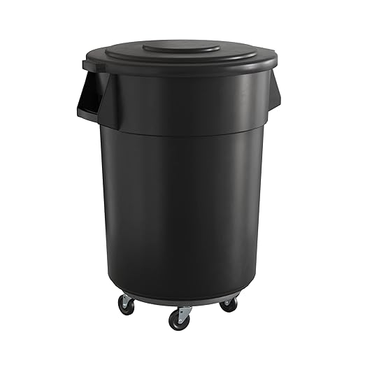 55 Gallon Black Round Commercial Trash Can with Lid and Dolly