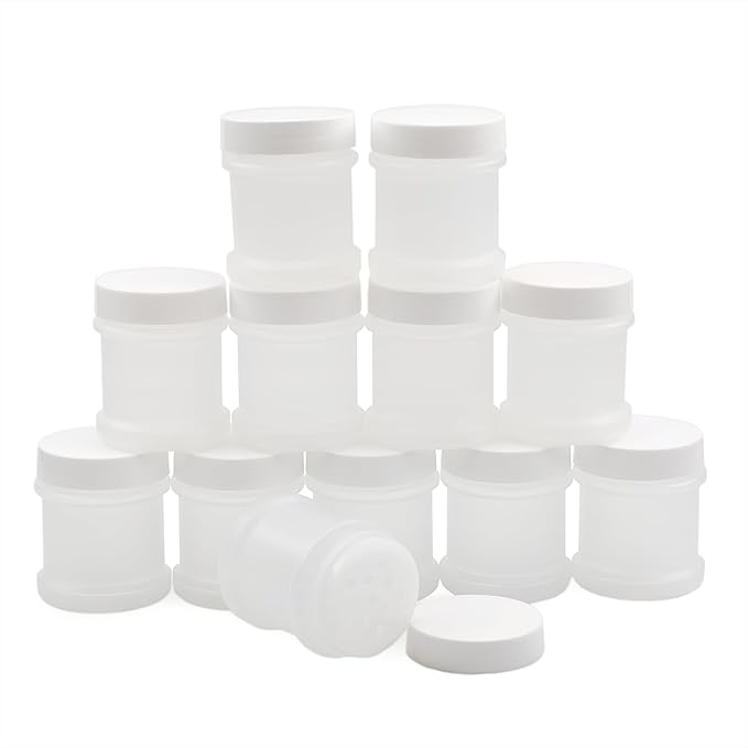Cornucopia Brands Mini Plastic Spice Jars w/Sifters (12-Pack, White); 2 Tablespoon Capacity (1 Fluid Ounce) Spice Bottles for Travel, Glitter, Gifts, Favors