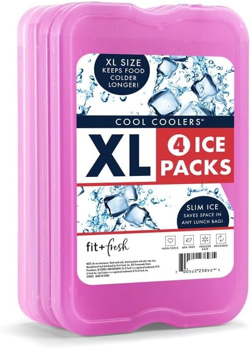 Cool Coolers by Fit & Fresh 4 Pack XL Slim Ice Packs, Quick Freeze Space Saving Reusable Ice Packs for Lunch Boxes or Coolers, Purple