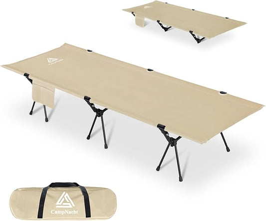 CAMPNACHT Ultralight Camping Cot with Leg Extenders, Aluminum Lightweight Folding Cot for Adults, Portable Backpacking Compact Tent Cot for Outdoor, Hiking, 1 Pack with 2 Use Modes, Khaki