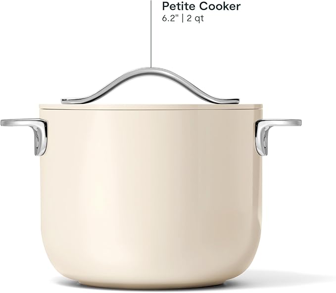 Caraway Petite Cooker - 2 Qt Ceramic Coated Pot - Free From Forever Chemicals - Perfect for Rice, Grains, or Sauces - Cream
