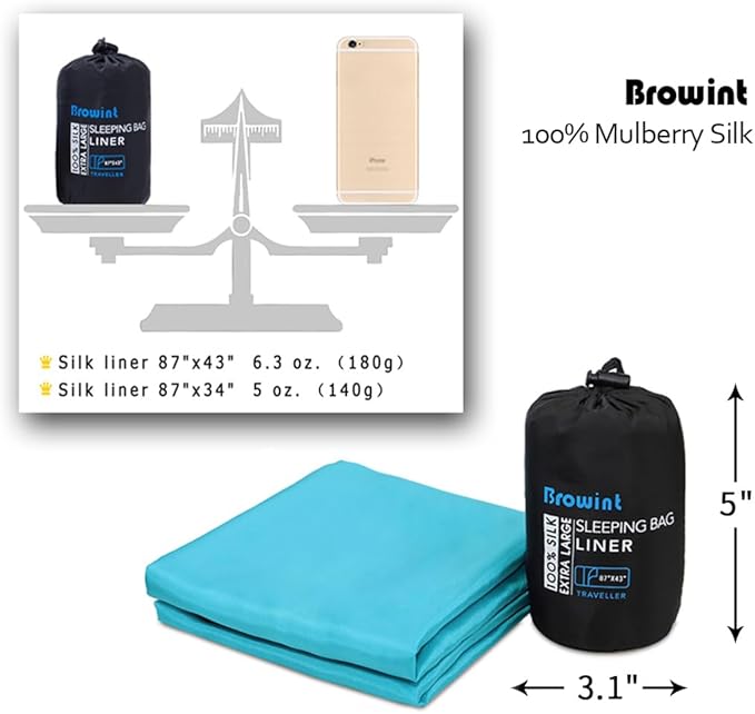 BROWINT Silk Sleeping Bag Liner, Silk Sleep Sack, Extra Wide 87"x43", Lightweight Travel Sheet for Hotels, More Colors for Option, Reinforced Gussets