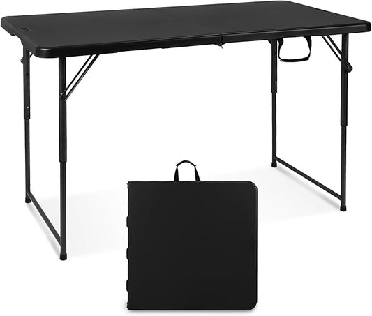 Folding Table 4 Foot Portable Heavy Duty Plastic Fold-in-Half Utility Table Small Indoor Outdoor Adjustable Height Folding with Carrying Handle, Camping and Party, Black