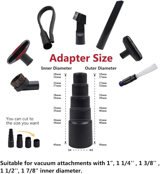 13 PCS Universal Vacuum Attachments for Shop Vac Accessories - 2 1/2" to 1 1/4" Vacuum Hose Adapter, 1 7/8" to 1" Adapter for Shop Vac, 1 1/4" Household Cleaning Vacuum Brush Attachment Kit