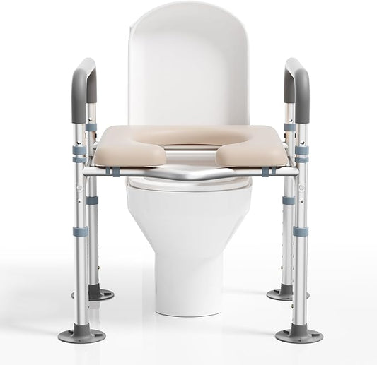 Adjustable Toilet Seat Risers for Seniors-Heavy Duty 400lb Raised Toilet Seat with Handles & Padded Arms-Fits Elongated & Standard Toilets