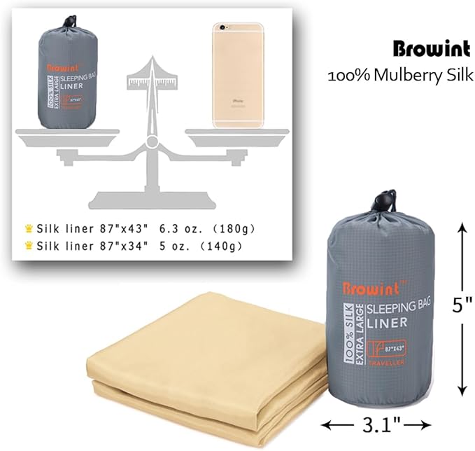 BROWINT Silk Sleeping Bag Liner, Silk Sleep Sack, Extra Wide 87"x43", Lightweight Travel Sheet for Hotels, More Colors for Option, Reinforced Gussets